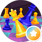 Yellow chess king piece knocking over a purple pawn on a blue chessboard with other yellow pieces.